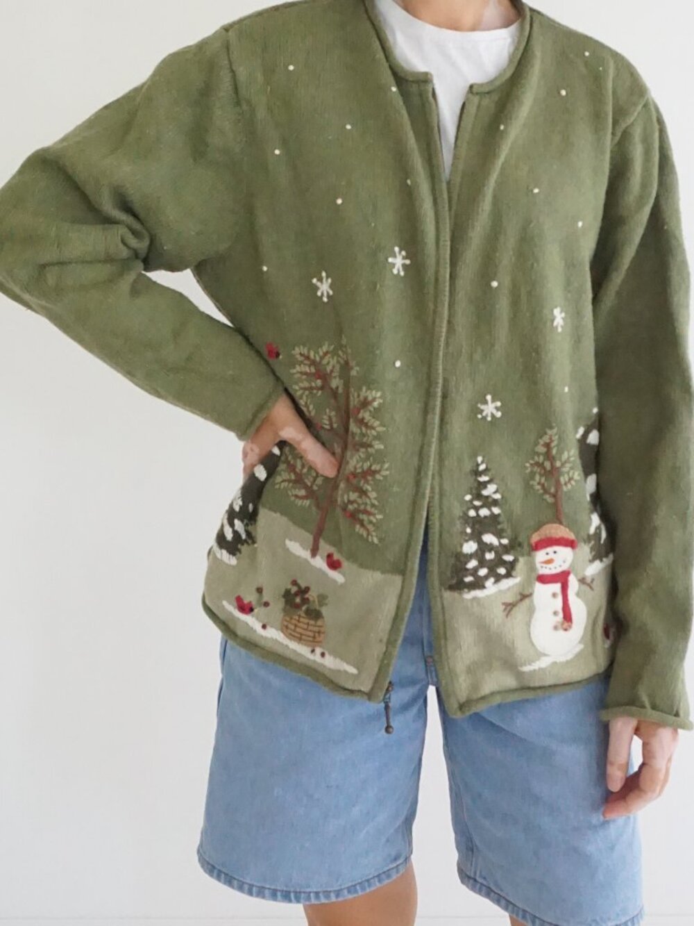 Croft & Barrow Green Snowman Fir Tree Snowflake Ugly Christmas Cardigan XL